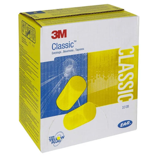 Box of 3M Classic earplugs with yellow earplugs on a white background