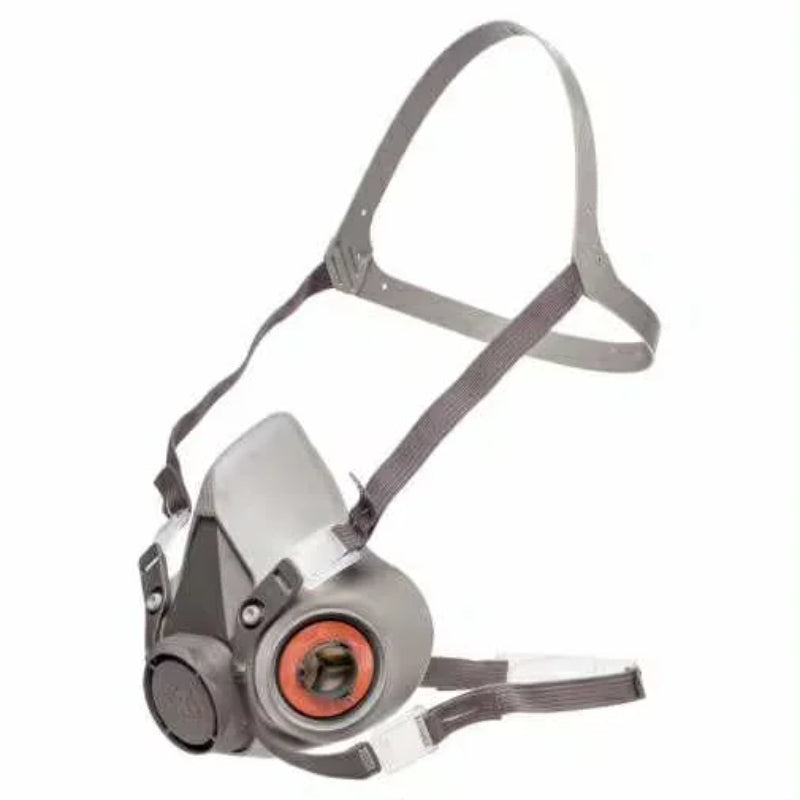Half-mask respirator with gray strap on a white background