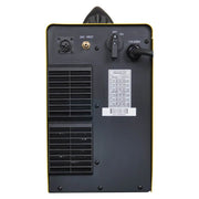 Back view of a black appliance with control panel and ventilation grill on a white background