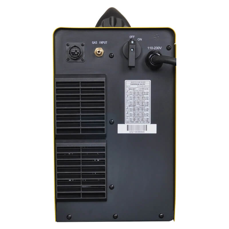 Back view of a black appliance with control panel and ventilation grill on a white background