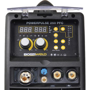 Control panel of a BossWeld PowerPulse 250 PFC welding machine with digital display and buttons.