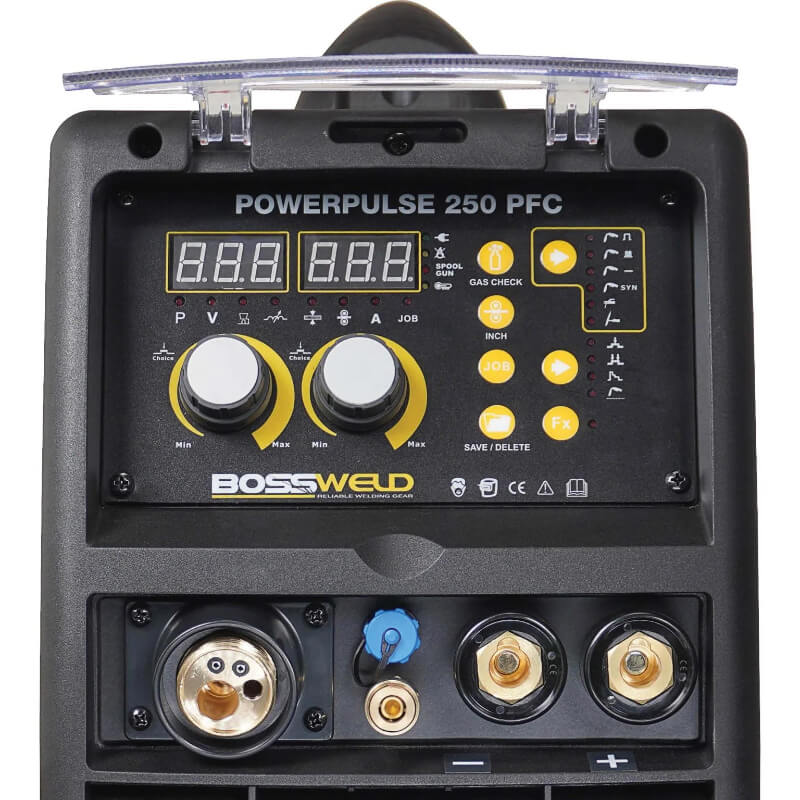 Control panel of a BossWeld PowerPulse 250 PFC welding machine with digital display and buttons.