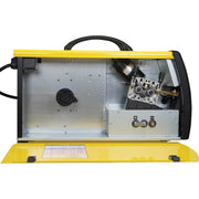 Yellow and black machine with visible internal components on a white background