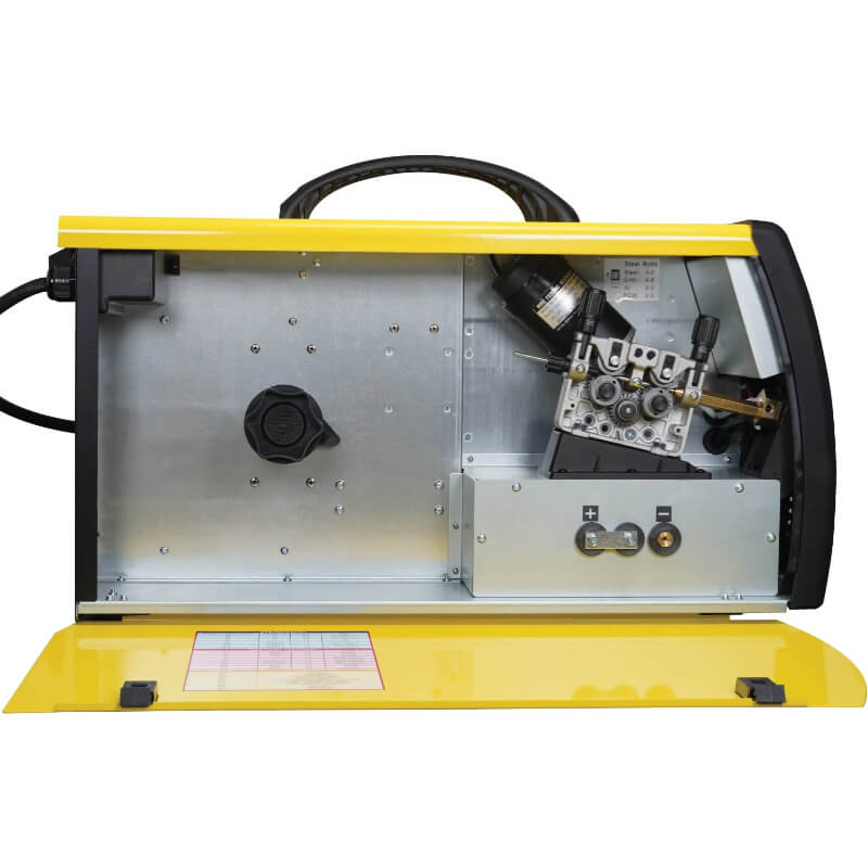 Yellow and black machine with visible internal components on a white background
