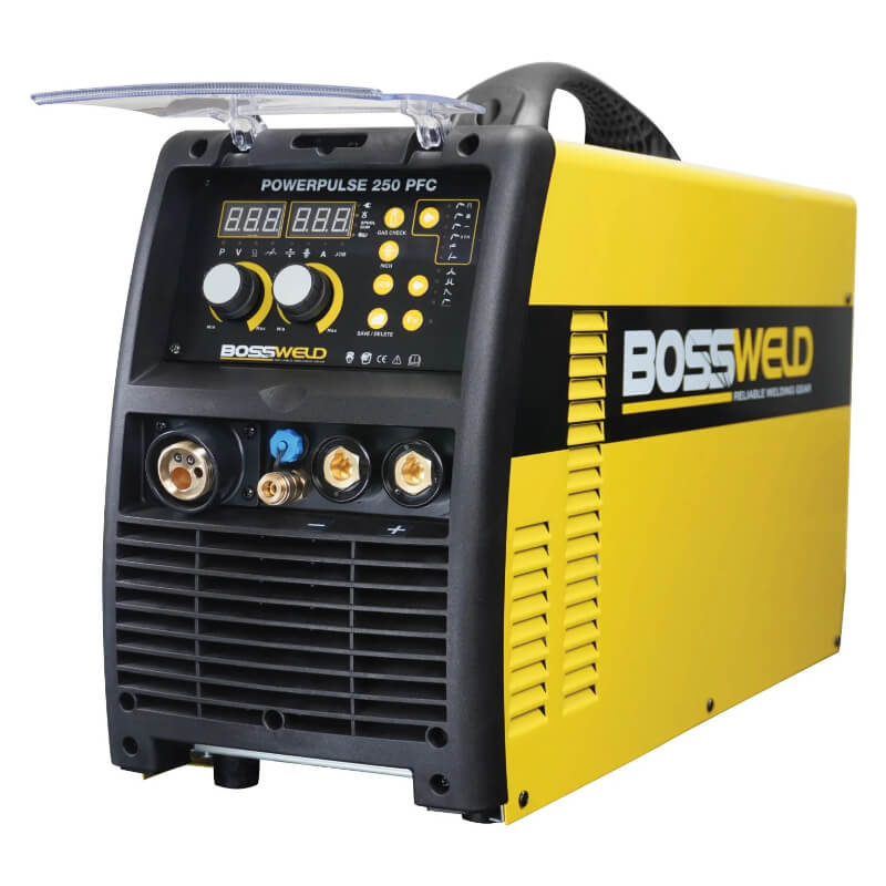 Yellow and black BossWeld welding machine on a white background