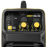 Buddy Mig 150 welding machine with digital display and control knobs on a white background