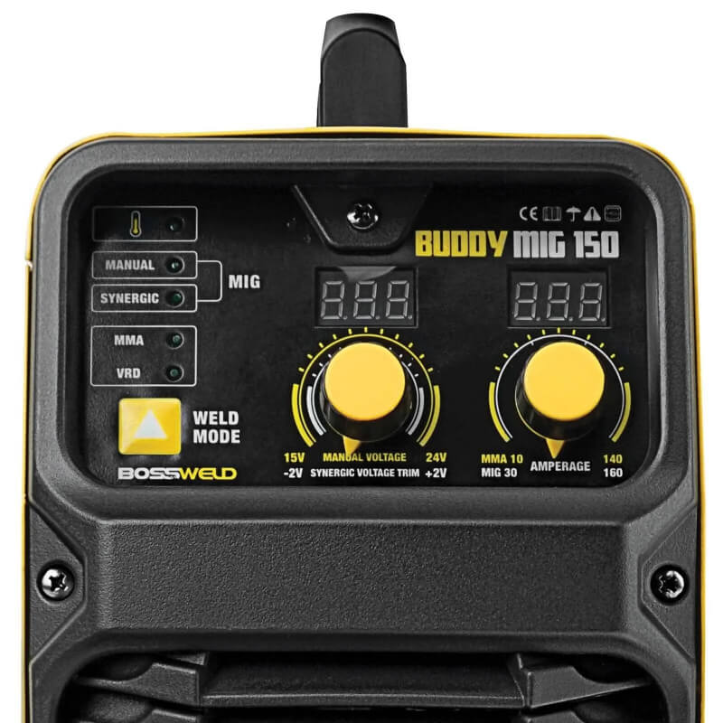 Buddy Mig 150 welding machine with digital display and control knobs on a white background