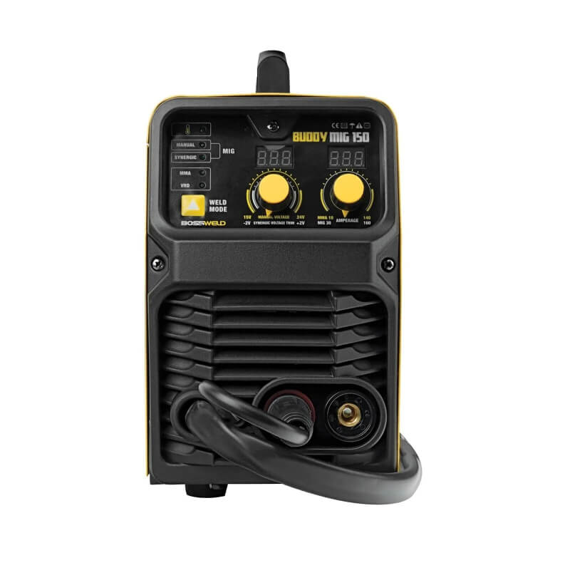 Black and yellow welding machine with visible branding on a white background