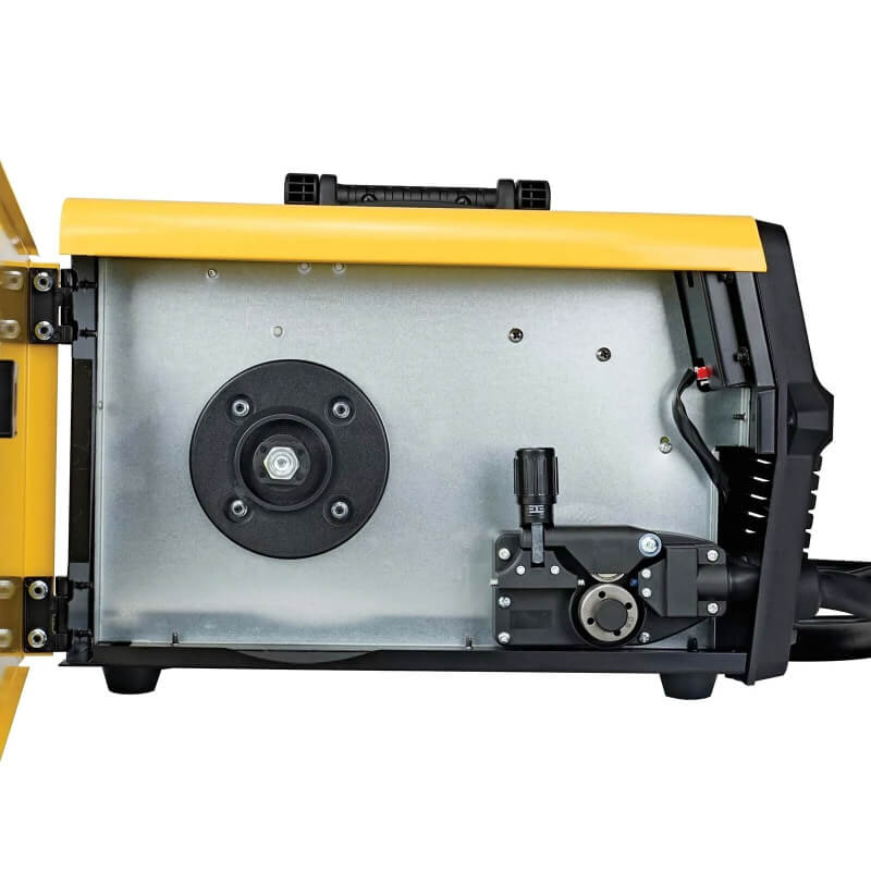 Close-up of a yellow and black machine with mechanical components on a white background