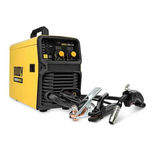 Yellow and black welding machine with cables on a white background