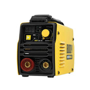Yellow and black welding machine with digital display on a white background