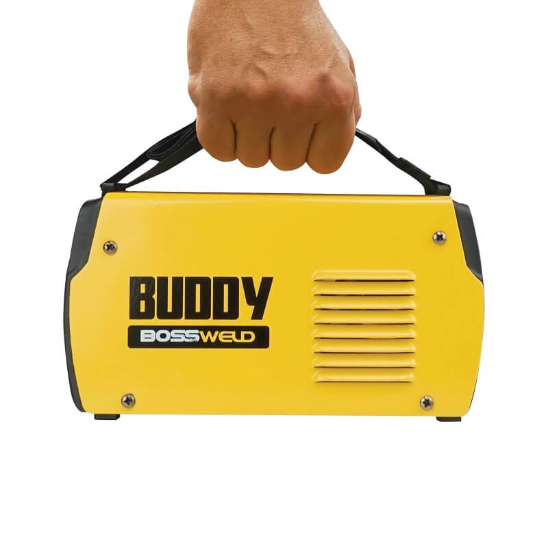 Yellow portable welding machine with 'Buddy' and 'BossWeld' branding held by a hand on a white background.