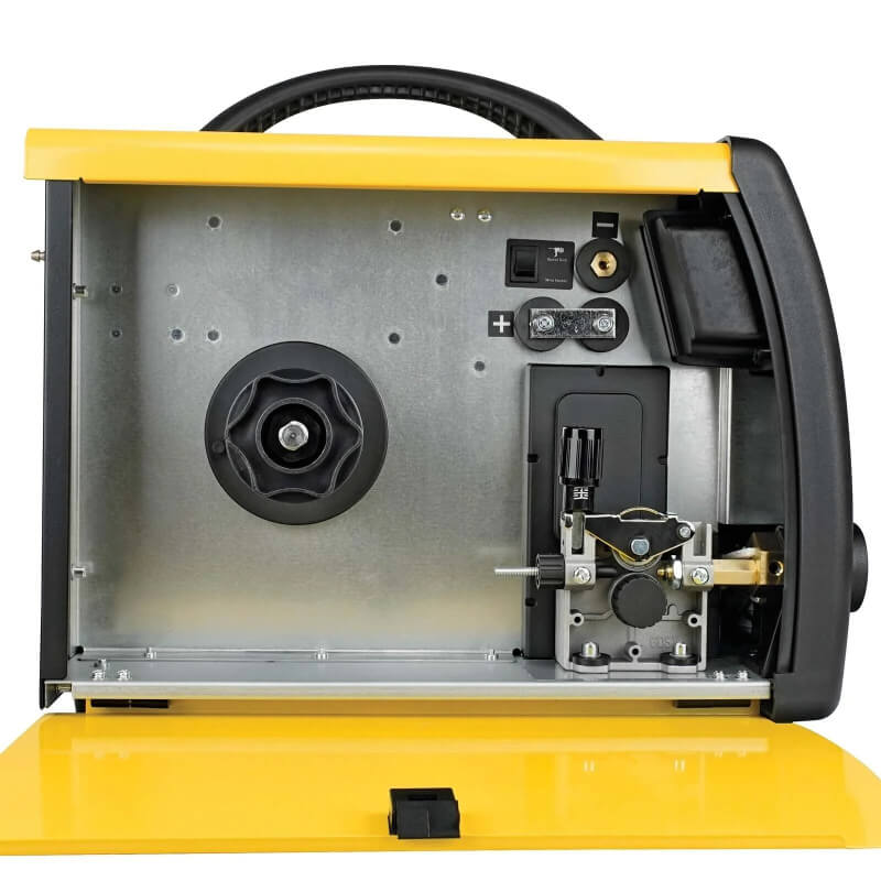 Close-up of a yellow and black portable generator with visible internal components.