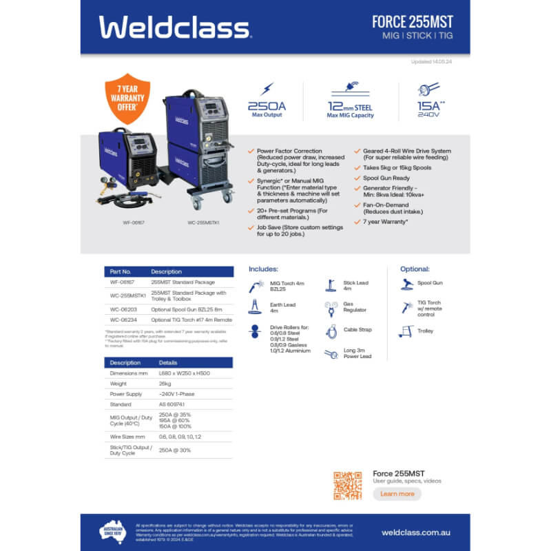 Weldclass Force 255MST welding machine with specifications and features on a white background