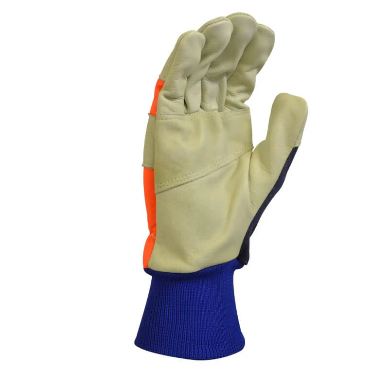 Beige work glove with blue cuff and orange accents on a white background
