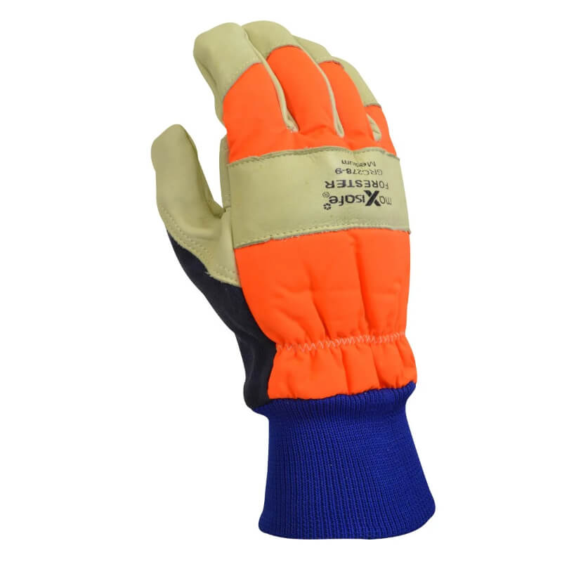 Glove with orange palm, blue cuff, and beige wristband on a white background