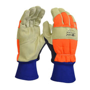 Pair of work gloves with orange and blue accents on a white background