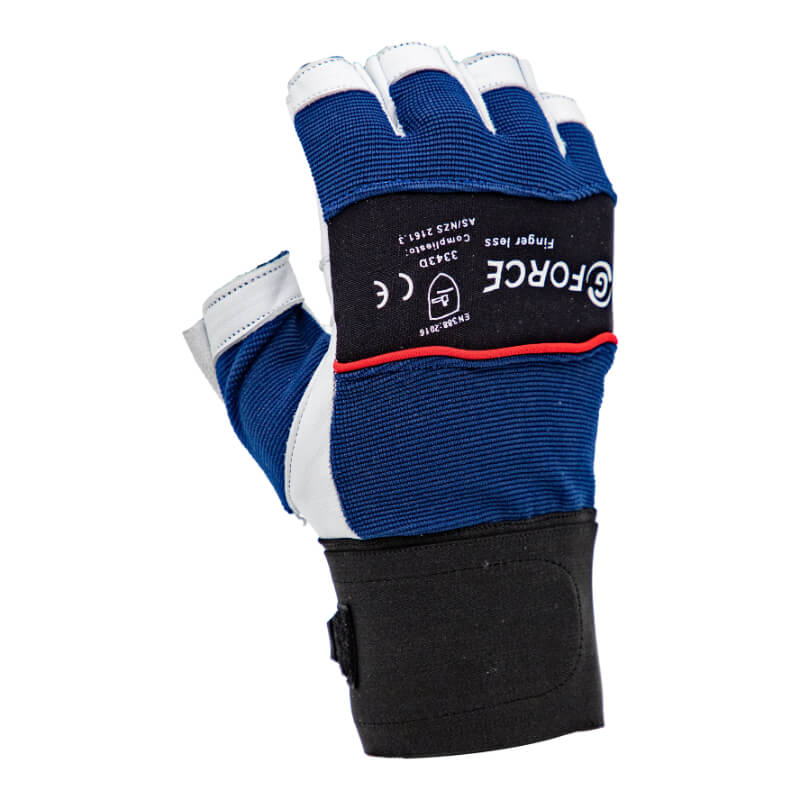 Blue and white glove with visible branding on a white background