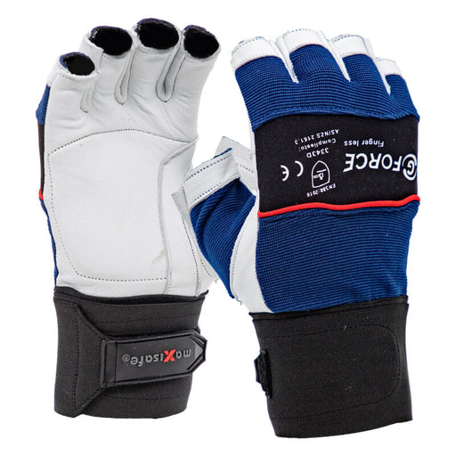 Pair of gloves with blue, white, and black design on a white background