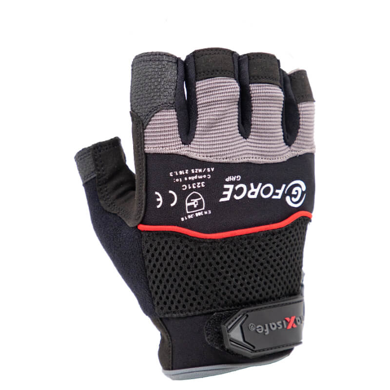 Black and gray glove with red accents on a white background