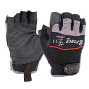 Pair of black and gray gloves with red accents on a white background