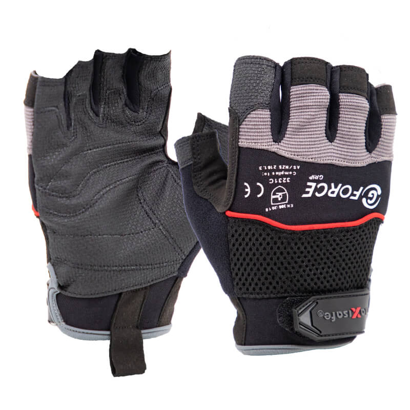Pair of black and gray gloves with red accents on a white background