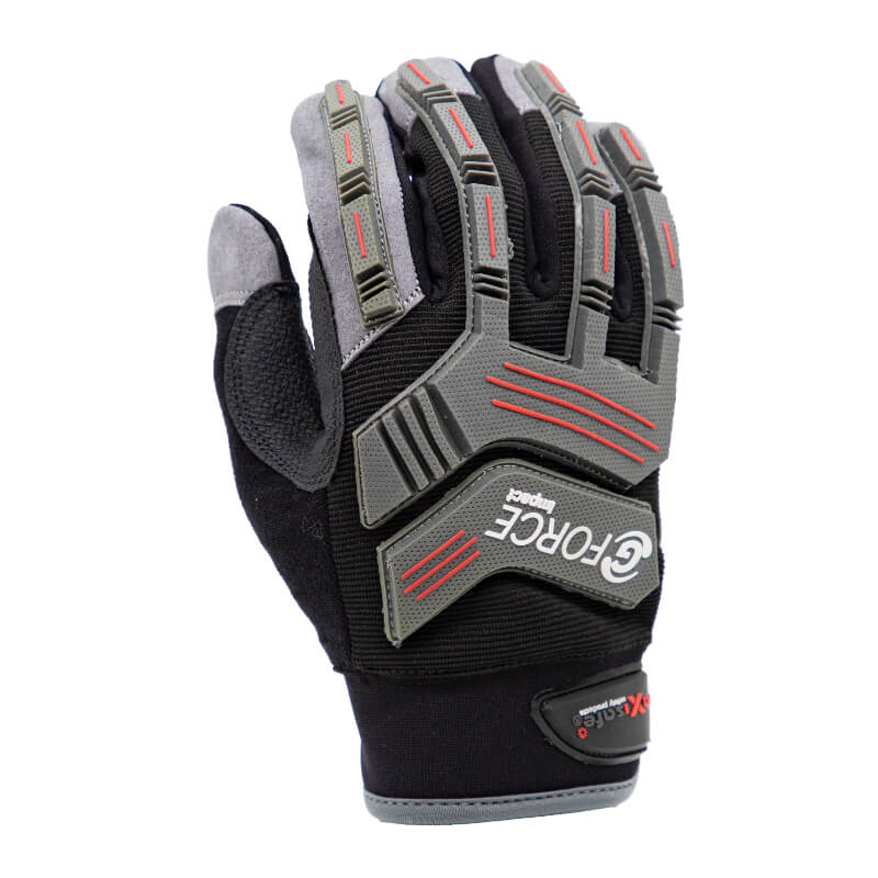 Black and gray work glove with red accents on a white background