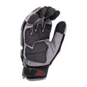 Gray and black glove with red accents on a white background