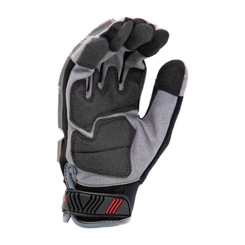 Gray and black glove with red accents on a white background