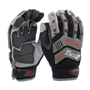 Pair of black and gray gloves with red accents on a white background