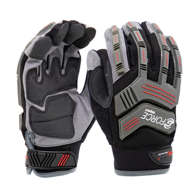 Pair of black and gray gloves with red accents on a white background
