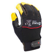 Black work glove with yellow accents on a white background