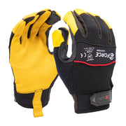 Pair of yellow and black gloves with visible branding on a white background