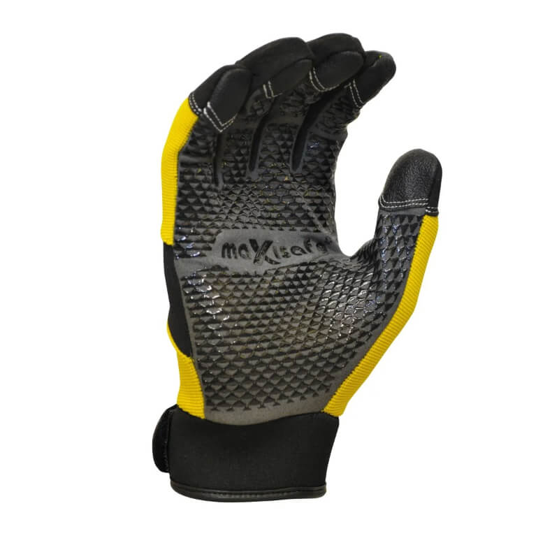 Black and yellow glove with textured palm on a white background