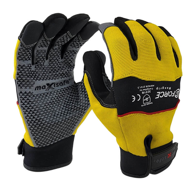 Pair of black and yellow gloves with 'maxisafe' branding on a white background