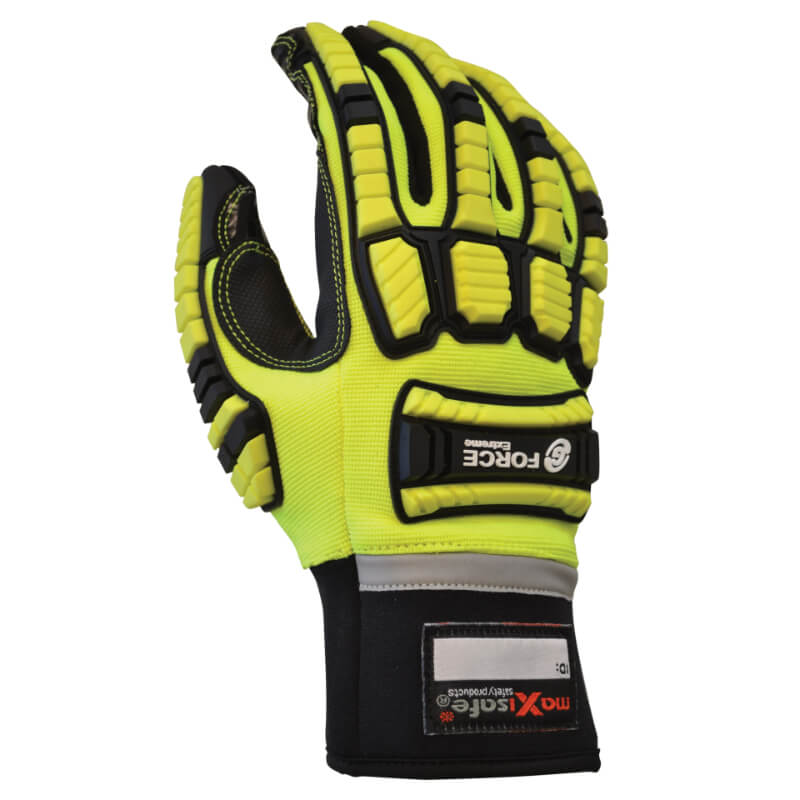 Yellow and black glove with 'Force' branding on a white background