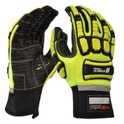 Pair of high-visibility gloves with black and yellow design on a white background
