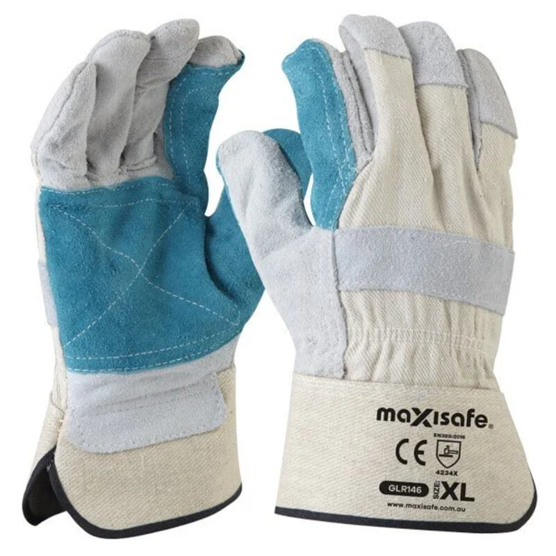 Pair of MaxiSafe gloves with blue and beige color scheme on a white background