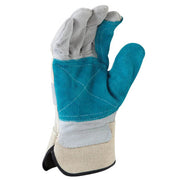 Glove with blue palm and gray and beige sides on a white background