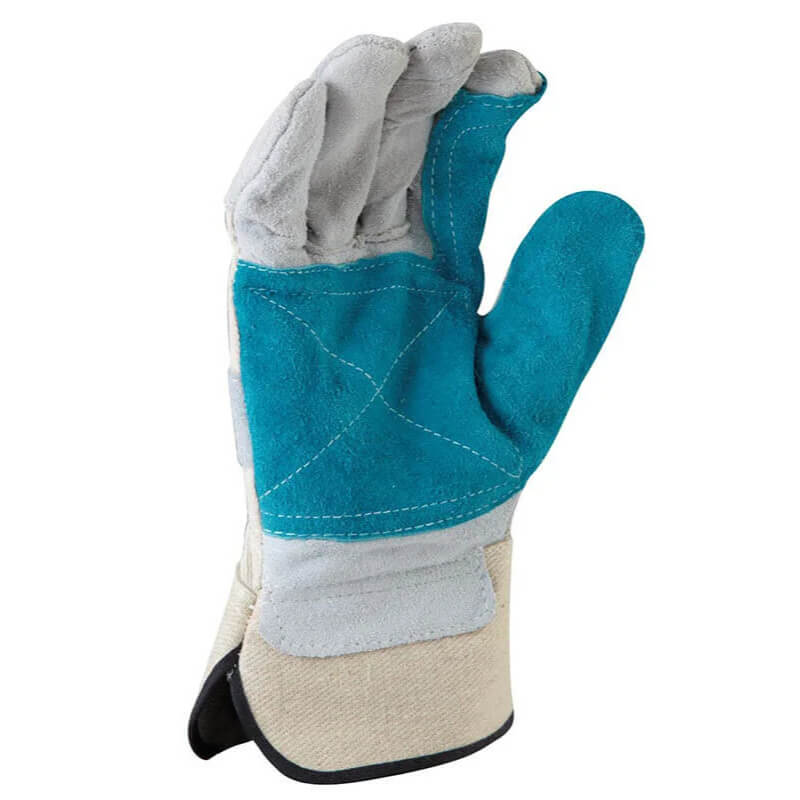 Glove with blue palm and gray and beige sides on a white background