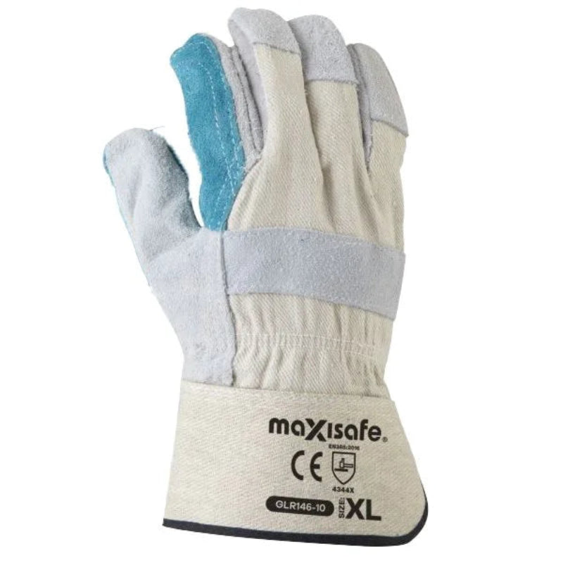 MaxiSafe work glove with blue palm and gray wristband on a white background