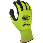 Green work glove with black accents on a white background