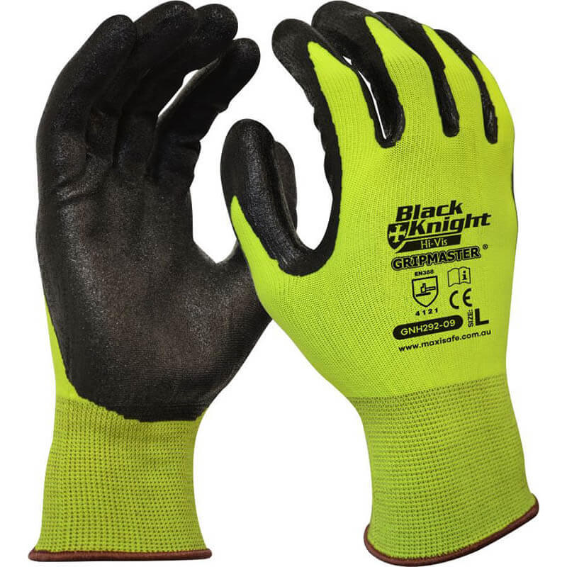 Pair of green and black gloves with 'Black Knight' branding on a white background
