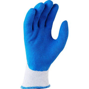 Blue work glove with white cuff on a white background