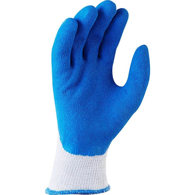 Blue work glove with white cuff on a white background