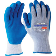 Blue and gray gloves with 'maxisafe blueGRIPPA' branding on a white background