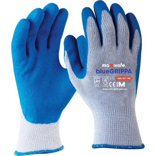 Blue and gray gloves with 'maxisafe blueGRIPPA' branding on a white background