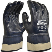 Pair of black and beige work gloves with 'Blue Knight' branding on a white background