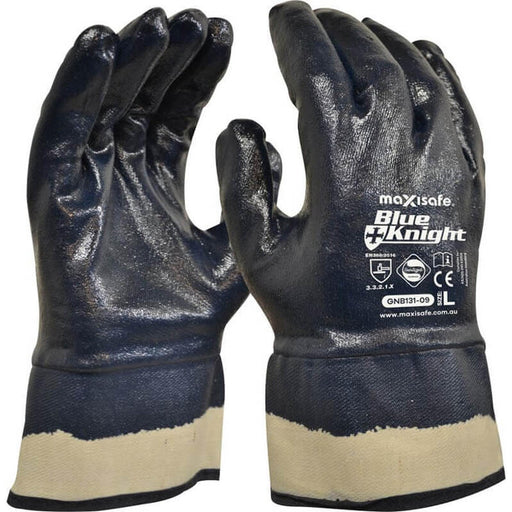 Pair of black and beige work gloves with 'Blue Knight' branding on a white background