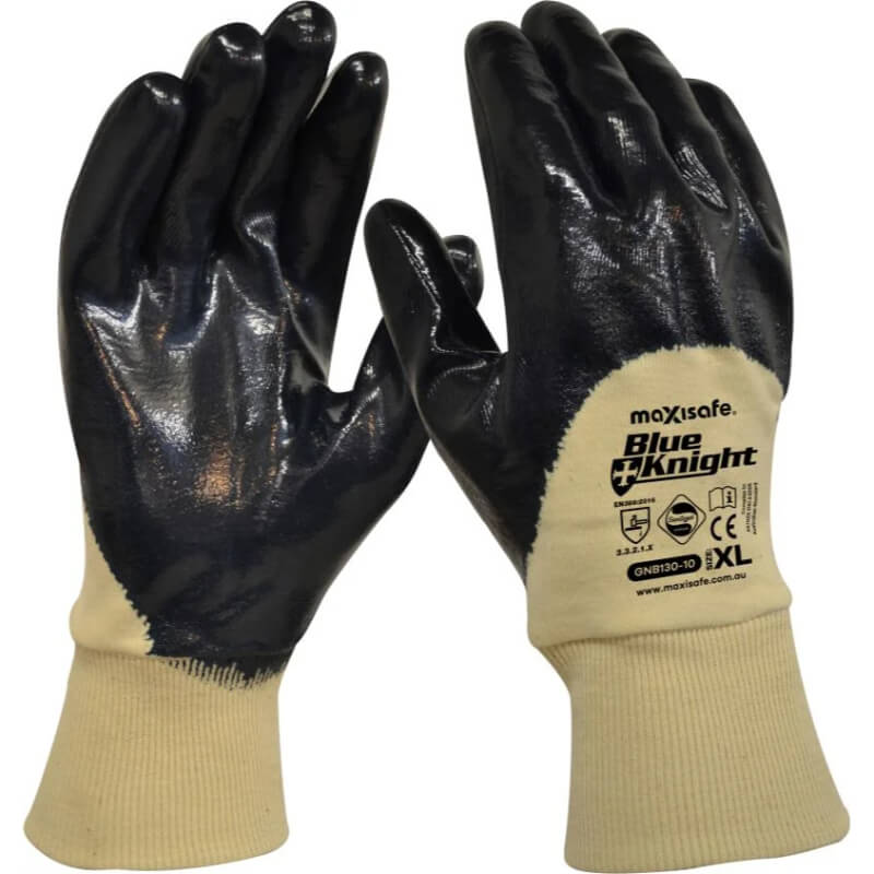 Pair of black and beige gloves with 'maxisafe Blue Knight' branding on a white background